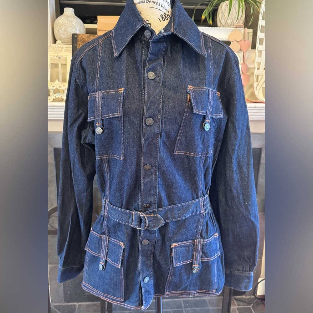Vintage 70s RARE Longline Denim Jean Jacket Belted Orange Stitching Star Buttons